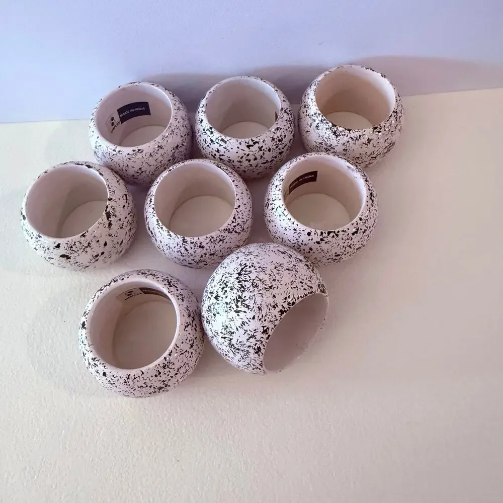 Simplex Napkin Rings Round White Black Paint Splatter Set of 8 Holders